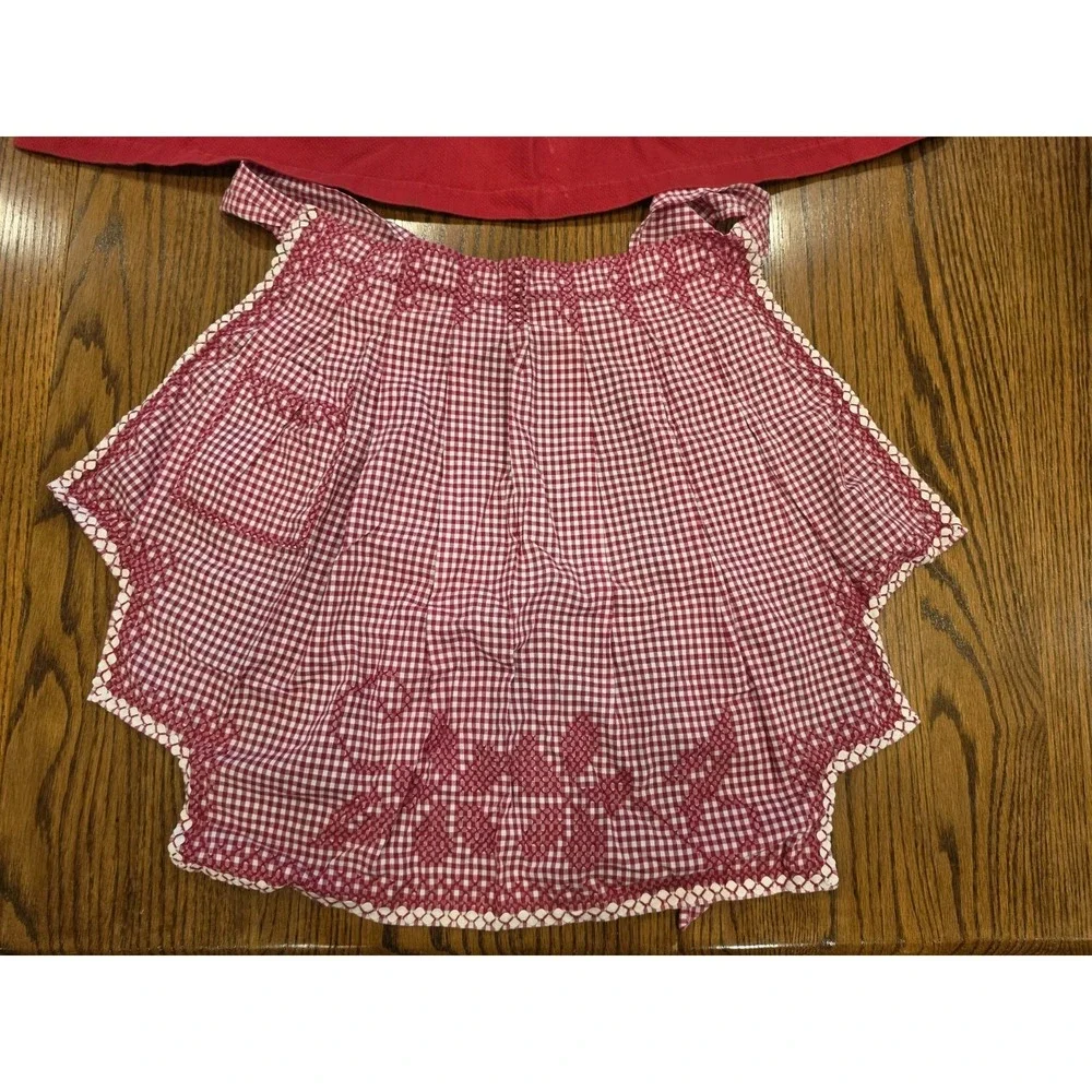 2 Vintage Half Aprons Homemade Red White Pocket Cottagecore Farmhouse Embroidery